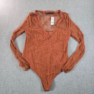 NY & Company Orange Floral Lace Long Sleeve V Neck Bodysuit Small Fairy Chic